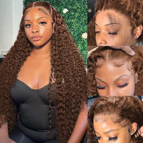 Deep Wave 360 Lace Front Wig Human Hair Chocolate Brown Pre Plucked with Baby Hair 250 Density Curly Glueless 24 Inch