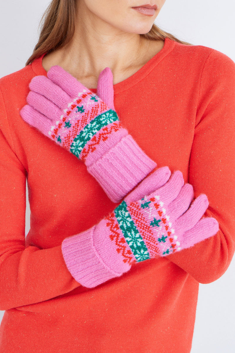 Yumi Pink Festive Fairisle Knitted Gloves