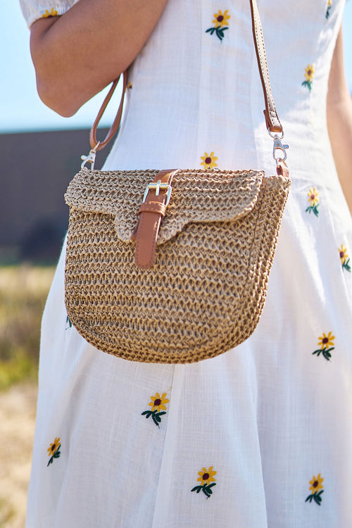 Yumi Brown Woven Rattan Handbag With Buckle