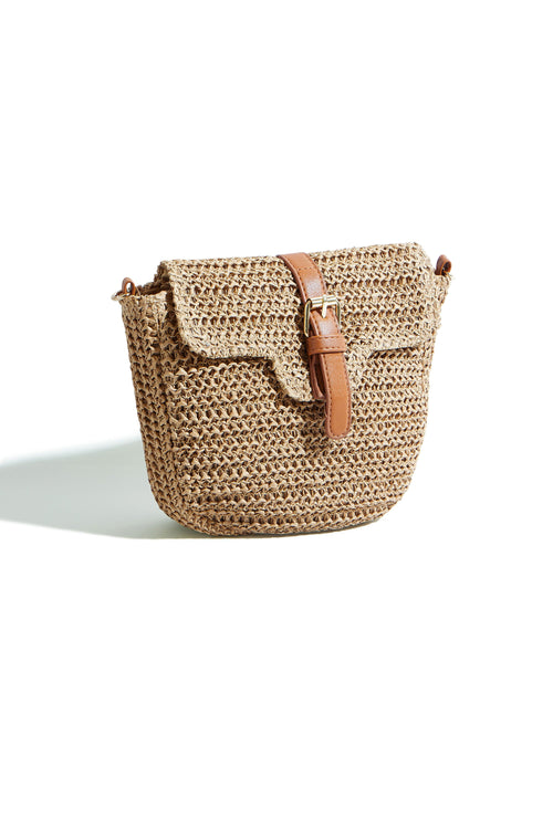 Yumi Brown Woven Rattan Handbag With Buckle