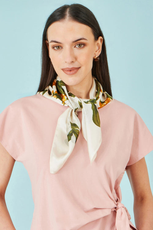 Yumi Ivory100% Silk Botanical Rose Print Scarf