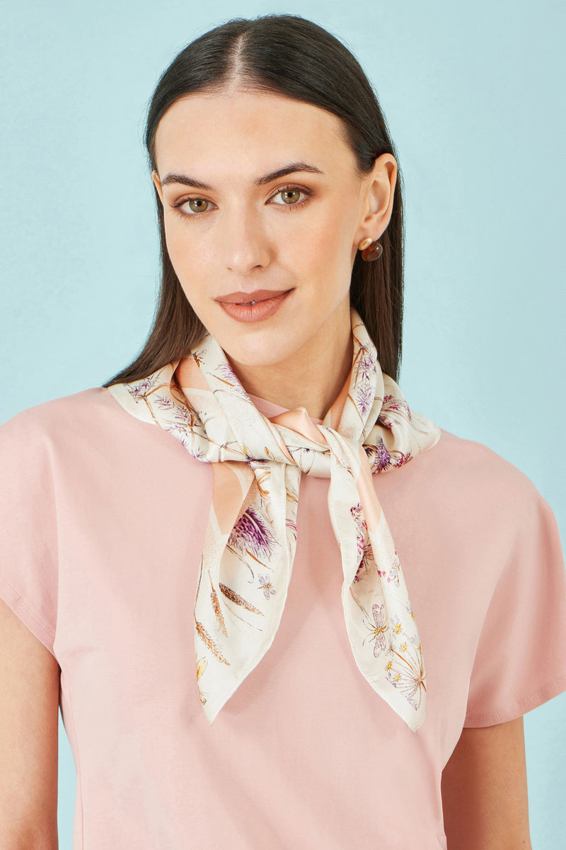 Yumi Ivory 100% Silk Delicate Floral Print Scarf