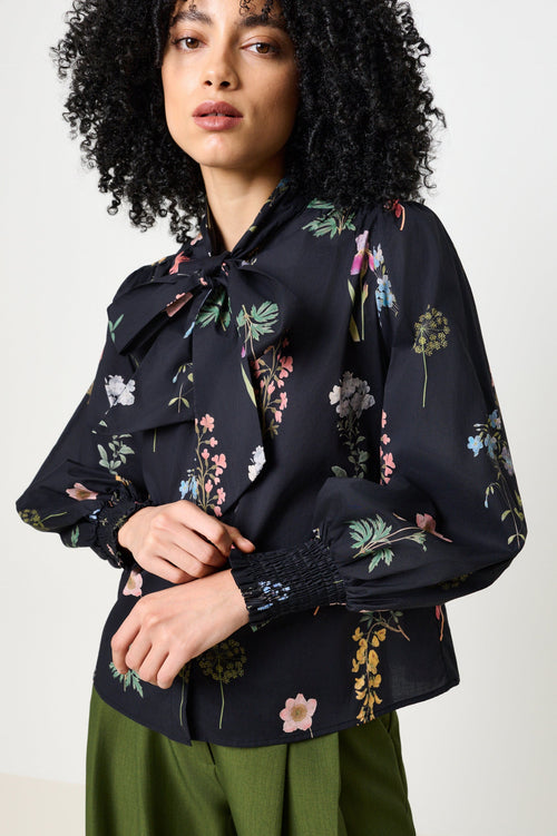 Aditi Flower Press Print Tie Neck Blouse - Multi Colour