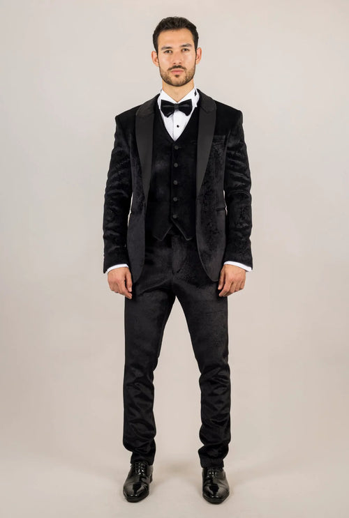 AK-26 - Men's Black 3 Piece Velvet Wedding Tuxedo Suit