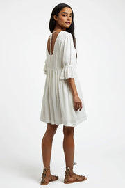 Amarine Self Dot White Square Back 3/4 Sleeve Mini Dress