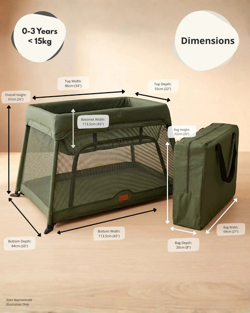 Airpod 3 Travel Cot Includes Newborn Bassinet Insert - Green