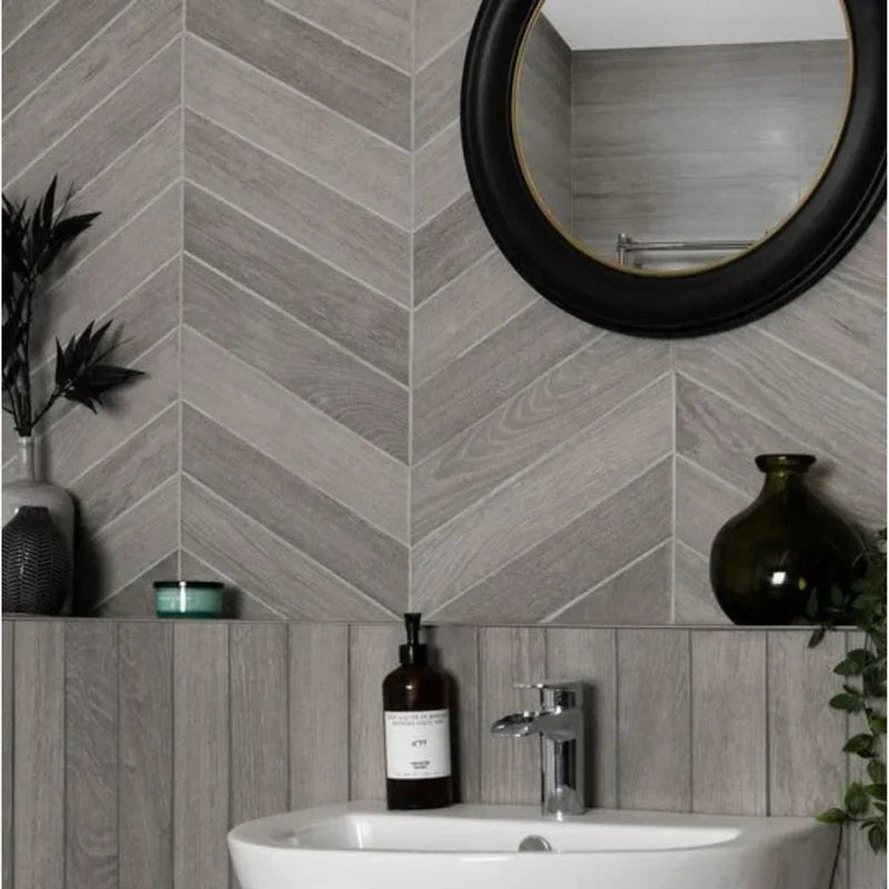 Avana Chevron Grey Porcelain Tile 8 x 40cm