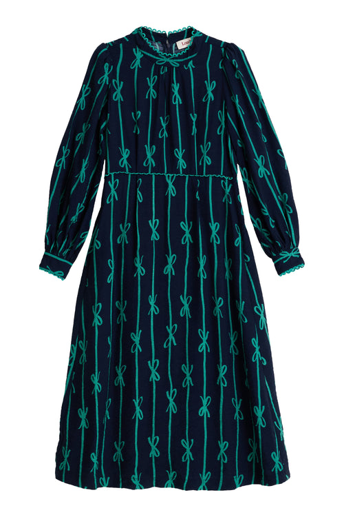 Avon Tie Up High Neck Long Sleeve Midi Dress – Navy