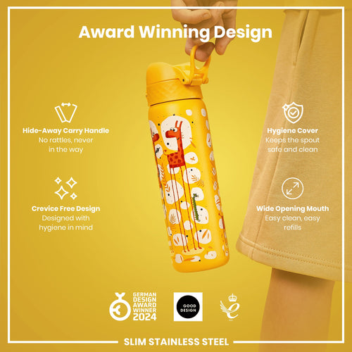 Leak Proof Slim Water Bottle, Stainless Steel, Giraffes, 600ml (20oz)