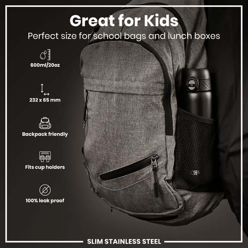 Leak Proof Slim Water Bottle, Stainless Steel, Black, 600ml (20oz)