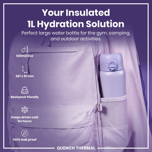 Leak Proof 1 Litre Thermal Water Bottle, Insulated, Light Purple, 1L