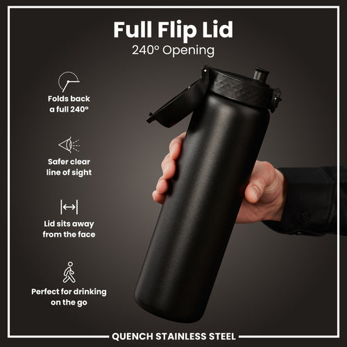 Leak Proof 1 Litre Water Bottle, Stainless Steel, Black, 1L