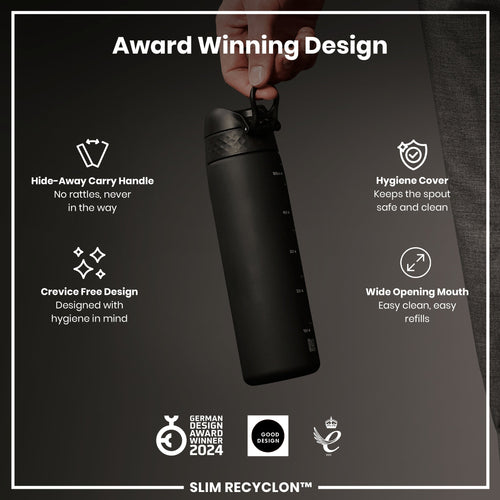 Leak Proof Slim Water Bottle, Recyclon, Black, 500ml (18oz)