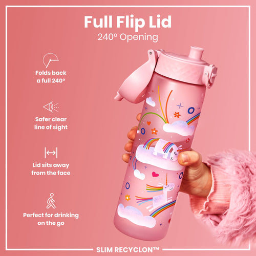 Leak Proof Slim Water Bottle, Recyclon, Unicorn Rainbows, 500ml (18oz)