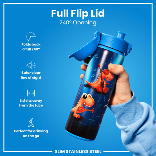 Leak Proof Slim Water Bottle, Stainless Steel, Dino Band, 600ml (20oz)