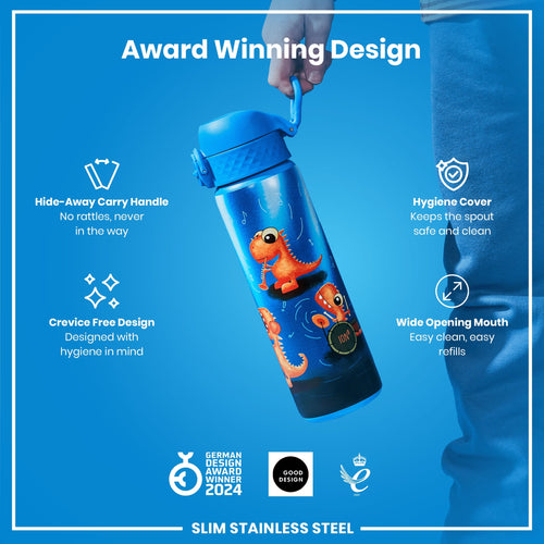 Leak Proof Slim Water Bottle, Stainless Steel, Dino Band, 600ml (20oz)