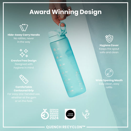 Leak Proof 1 Litre Water Bottle with Times to Drink, Recyclon, Sonic Blue, 1L