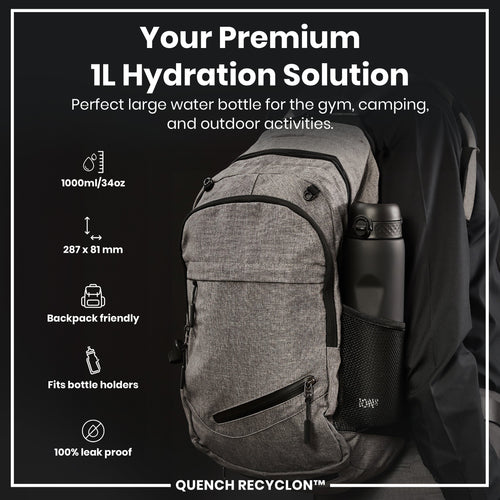 Leak Proof 1 litre Water Bottle, Recyclon, Black, 1L