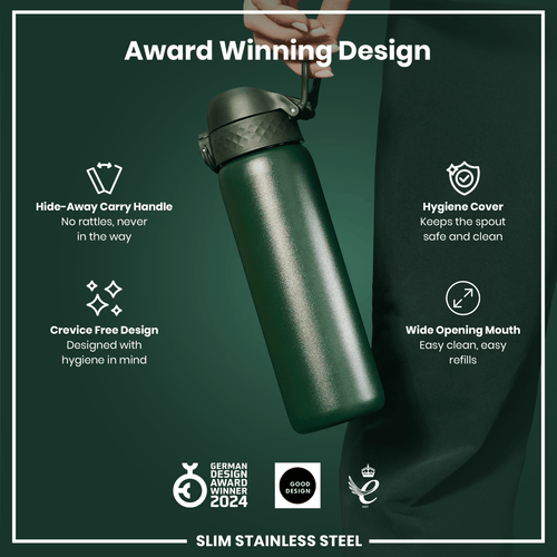 Leak Proof Slim Water Bottle, Stainless Steel, Dark Green, 600ml (20oz)