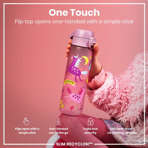 Leak Proof Slim Water Bottle, Recyclon, Unicorns, 500ml (18oz)