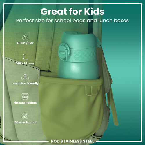 Leak Proof Kids Water Bottle, Stainless Steel, Teal, 400ml (13oz)