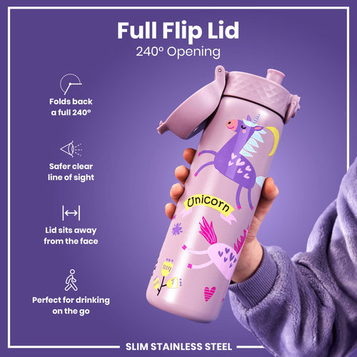 Leak Proof Slim Water Bottle, Stainless Steel, Unicorns, 600ml (20oz)