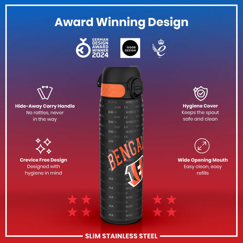 Leak Proof NFL Water Bottle, Stainless Steel, Cincinnati Bengals, 600ml (20oz)