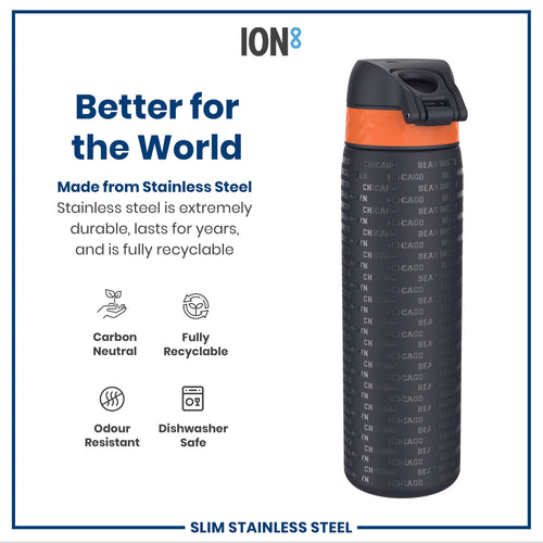 Leak Proof NFL Water Bottle, Stainless Steel, Chicago Bears, 600ml (20oz)