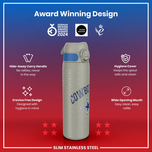 Leak Proof NFL Water Bottle, Stainless Steel, Dallas Cowboys, 600ml (20oz)