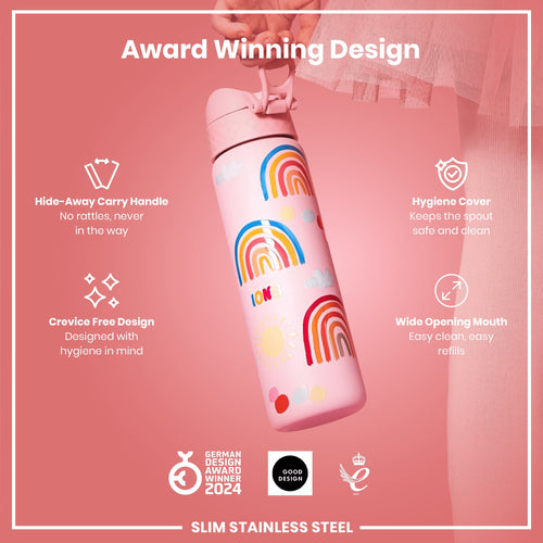 Leak Proof Slim Water Bottle, Stainless Steel, Rainbows, 600ml (20oz)