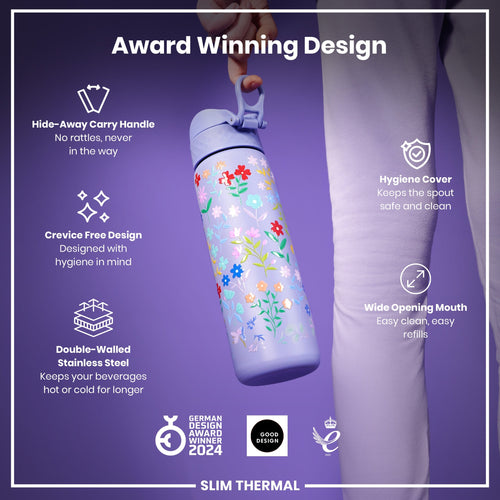 Leak Proof Slim Thermal Water Bottle, Insulated Steel, Ditsy Floral, 500ml (17oz)