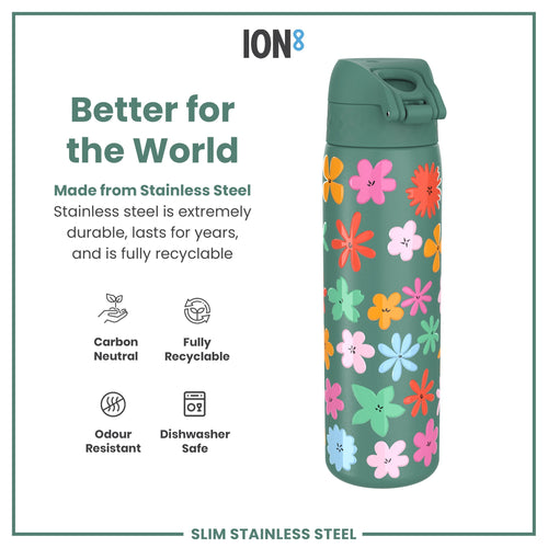 Leak Proof Slim Water Bottle, Stainless Steel, Floral, 600ml (20oz)