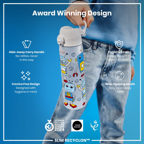 Leak Proof Slim Water Bottle, Recyclon, Robots, 500ml (18oz)