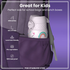 Leak Proof Kids Water Bottle, Stainless Steel, Unicorns, 400ml (13oz)