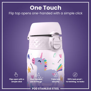 Leak Proof Kids Water Bottle, Stainless Steel, Unicorns, 400ml (13oz)