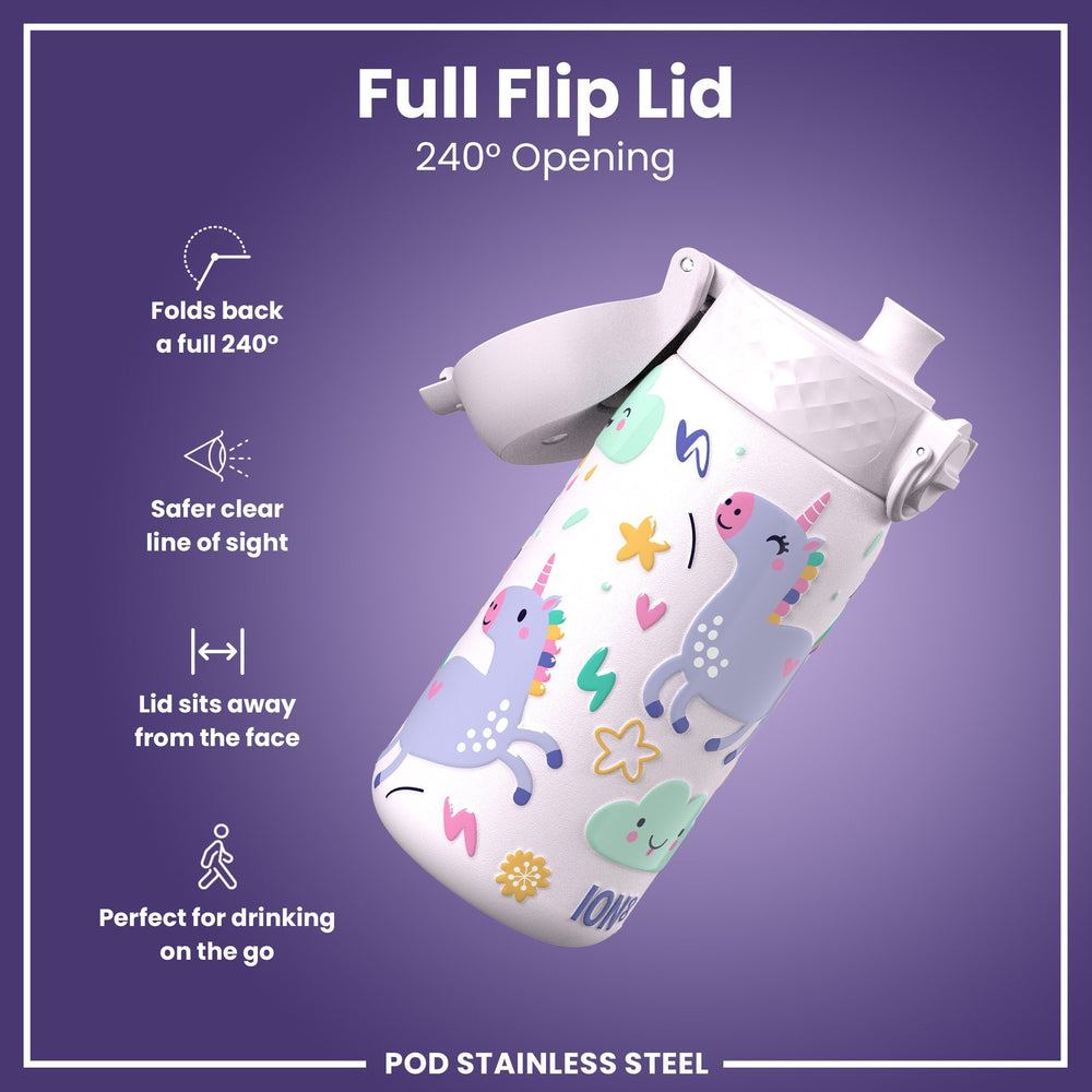 Leak Proof Kids Water Bottle, Stainless Steel, Unicorns, 400ml (13oz)