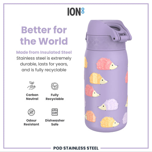 Leak Proof Thermal Steel Water Bottle, Insulated Steel, Hedgehogs, 320ml (11oz)
