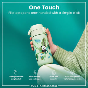 Leak Proof Kids Water Bottle, Stainless Steel, Pandas, 400ml (13oz)