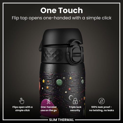 Leak Proof Slim Thermal Water Bottle, Insulated Steel, Spaceships, 500ml (17oz)
