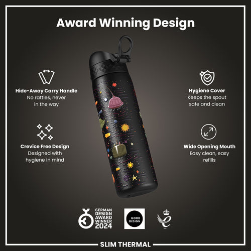 Leak Proof Slim Thermal Water Bottle, Insulated Steel, Spaceships, 500ml (17oz)