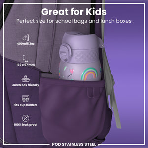 Leak Proof Kids Water Bottle, Stainless Steel, Purple Unicorns, 400ml (13oz)