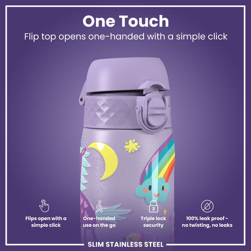 Leak Proof Slim Water Bottle, Stainless Steel, Purple Unicorns, 600ml (20oz)