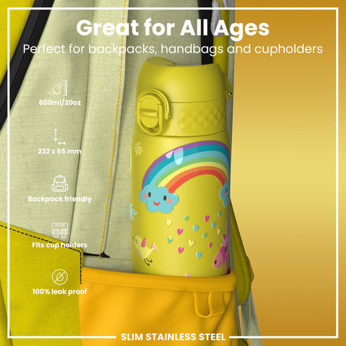 Leak Proof Slim Water Bottle, Stainless Steel, Yellow Unicorns, 600ml (20oz)