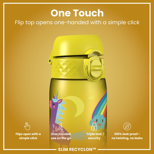Leak Proof Slim Water Bottle, Recyclon, Yellow Unicorns, 500ml (18oz)