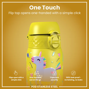 Leak Proof Kids Water Bottle, Stainless Steel, Yellow Unicorns, 400ml (13oz)