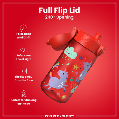 Leak Proof Kids Water Bottle, Recyclon, Red Unicorns, 350ml (12oz)
