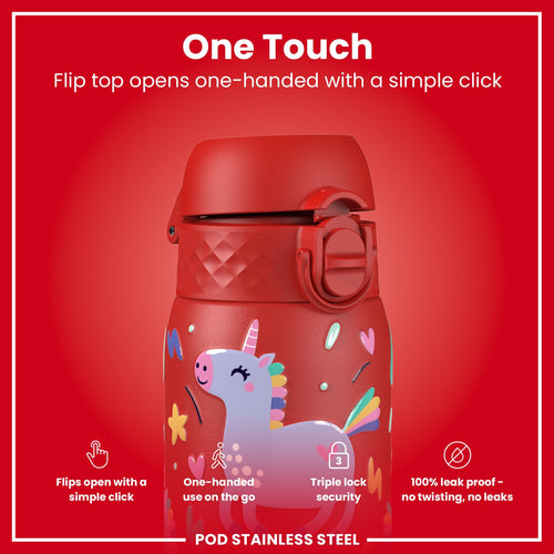 Leak Proof Kids Water Bottle, Stainless Steel, Red Unicorns, 400ml (13oz)