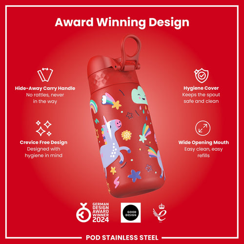 Leak Proof Kids Water Bottle, Stainless Steel, Red Unicorns, 400ml (13oz)