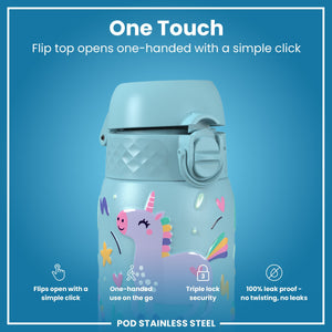 Leak Proof Kids Water Bottle, Stainless Steel, Blue Unicorns, 400ml (13oz)
