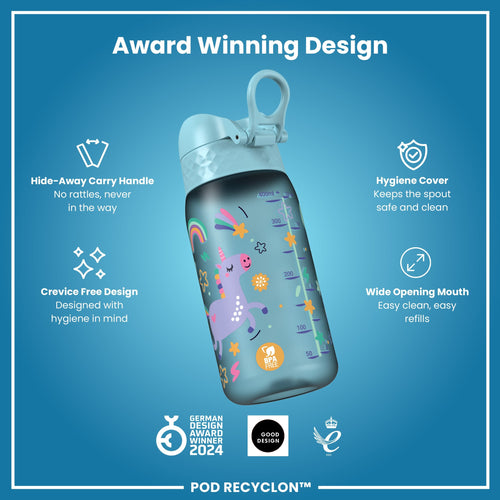 Leak Proof Kids Water Bottle, Recyclon, Blue Unicorns, 350ml (12oz)